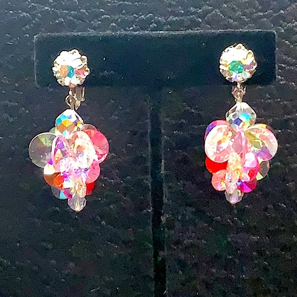 VENDOME BROACH & EARRINGS PINK & CLEAR AURORA BOREALIS CRYSTALS SILVER VINTAGE - Picture 3 of 14